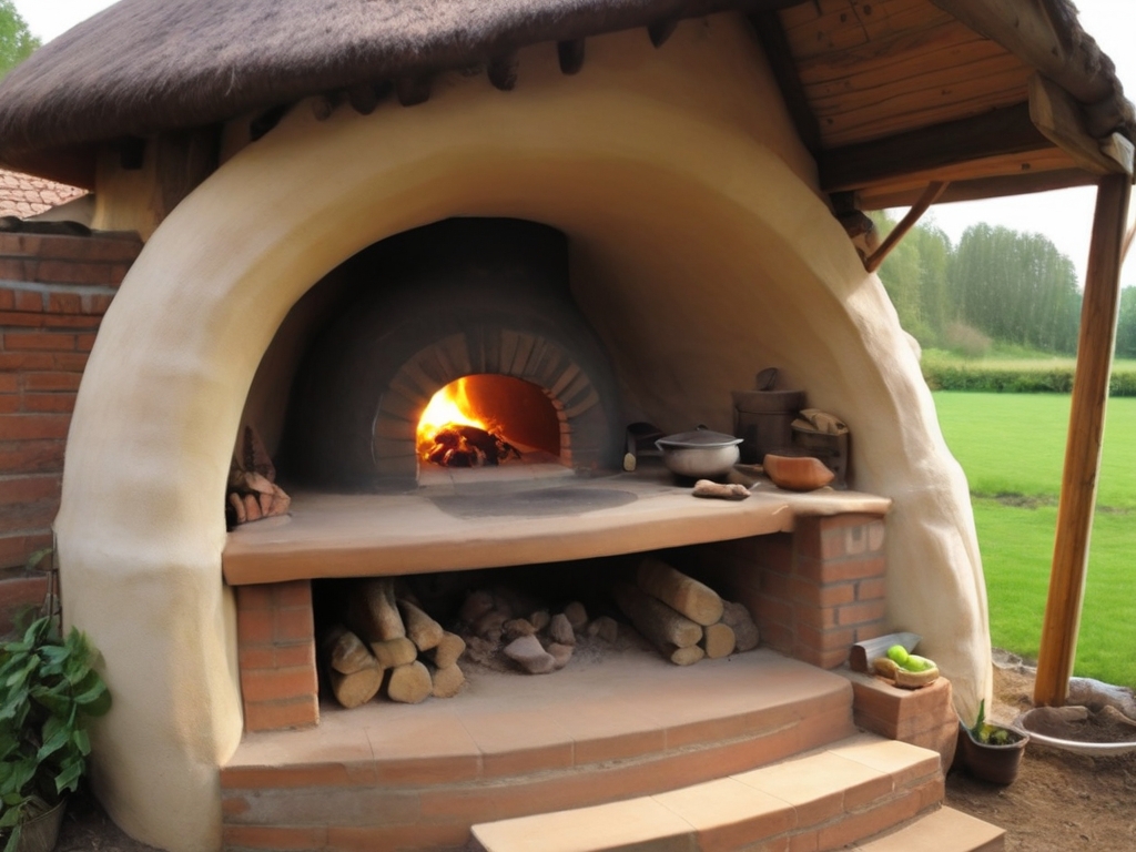 A rustic outdoor pizza oven with a thatched roof, fire burning inside. Wood logs and kitchenware are placed on the shelf and ground. This charming setup resembles what you might see when learning how to build a cob oven. A green lawn is visible in the background.
