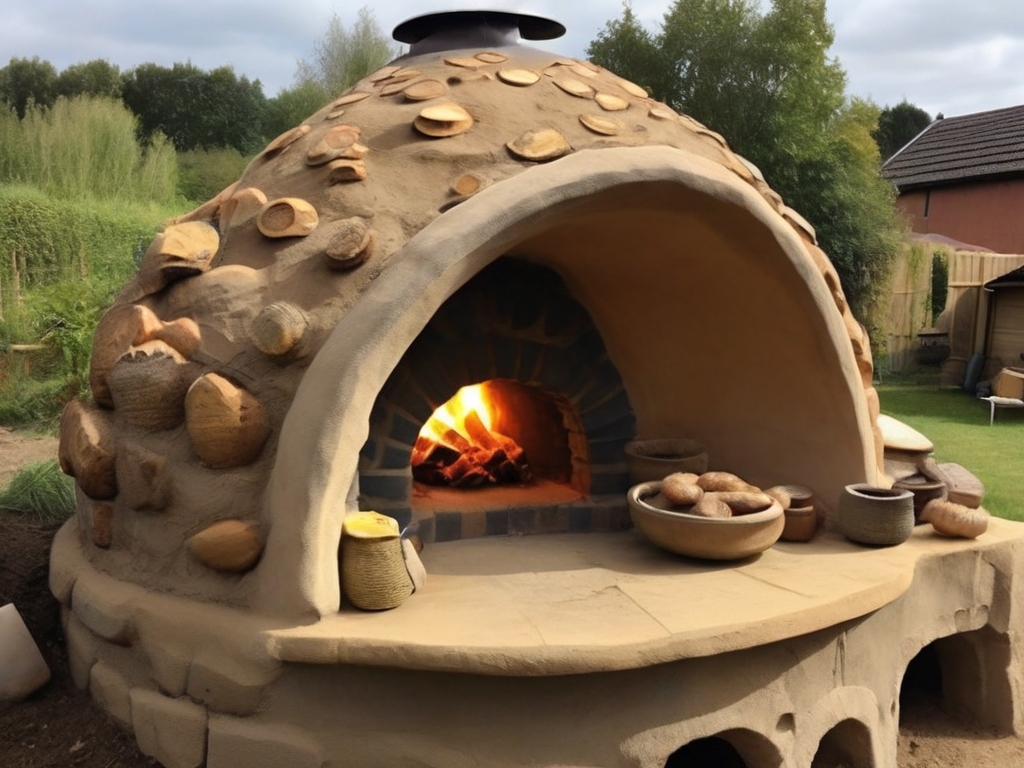Surrounded by pots and bread, the outdoor clay pizza oven crackles with a warm fire. Set in a grassy backyard with trees and houses in the background, it’s a perfect addition for those wanting to learn how to build a cob oven themselves.