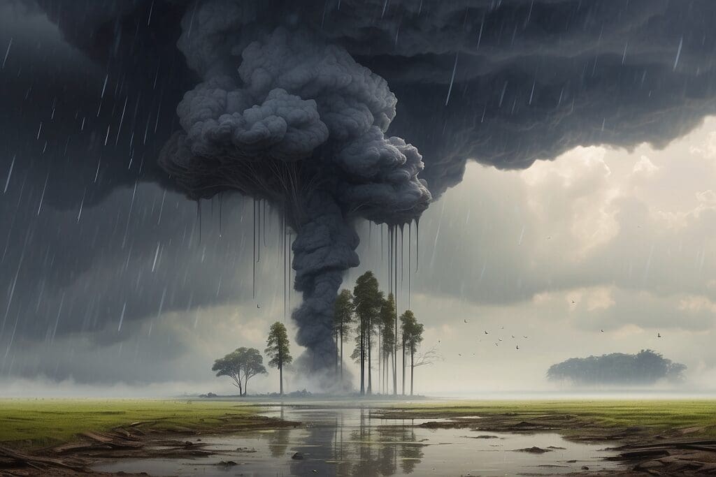 A tornado forms under dark storm clouds, twisting above a group of tall trees in a grassy landscape. Acid rain falls as birds fly nearby, creating a dramatic natural scene.