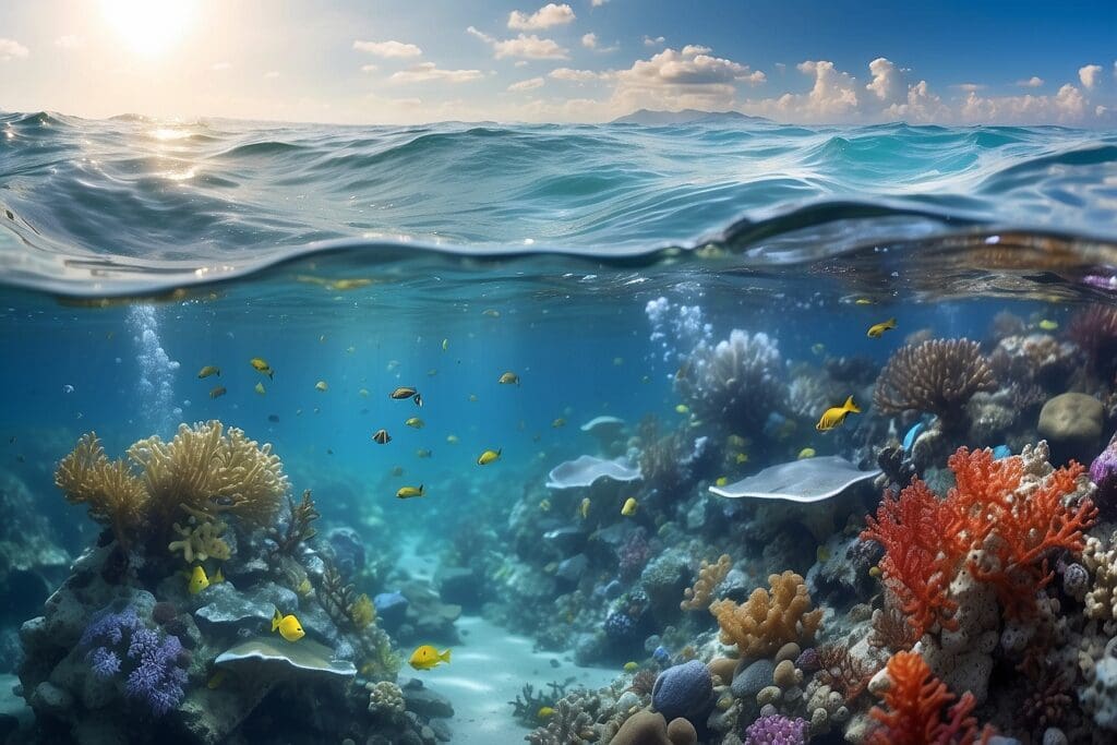 In an underwater scene with colorful coral reefs and small fish gliding below the calm ocean surface, sunlight illuminates the water. Yet, whispers of acidification remind us of the delicate balance sustaining this vibrant world.