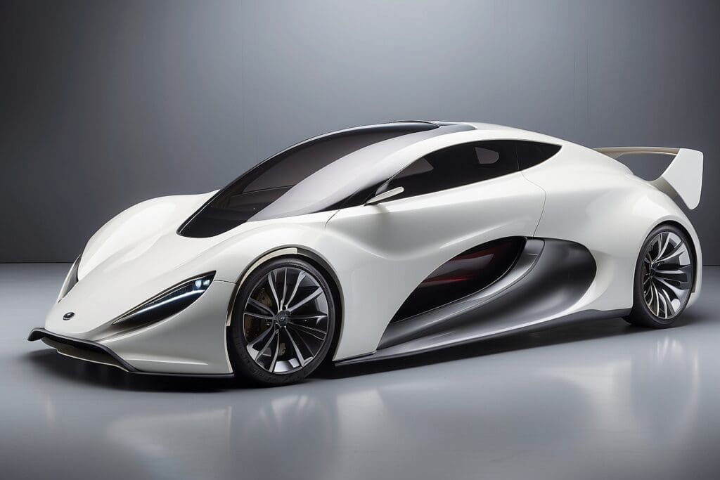 A sleek, futuristic white sports car with aerodynamic curves and large black wheels is expertly showcased in a minimalistic studio environment.