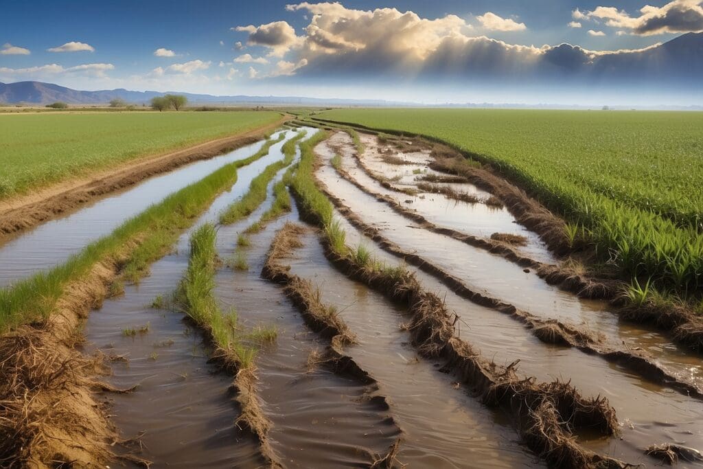 A sunlit field with irrigation channels, managing agricultural runoff, is beautifully bordered by mountains under a partly cloudy sky.