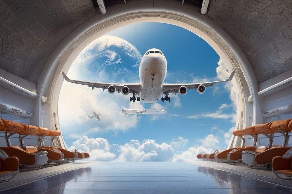 Airplanes flying in a clear blue sky can be seen through the large circular airport terminal window, offering a serene glimpse of air travel. Comfortable seating on both sides provides travelers with a perfect spot to watch the world take flight.