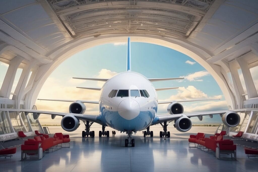 A large airplane, a testament to the airline industry, is parked inside a modern hangar with an arched roof. Red chairs line both sides of the hangar, while the clear sky is visible through the open doors.