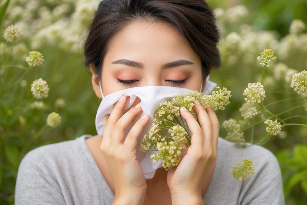 Woman with closed eyes holding a white cloth to her nose among blooming plants, seeking to alleviate allergies naturally.