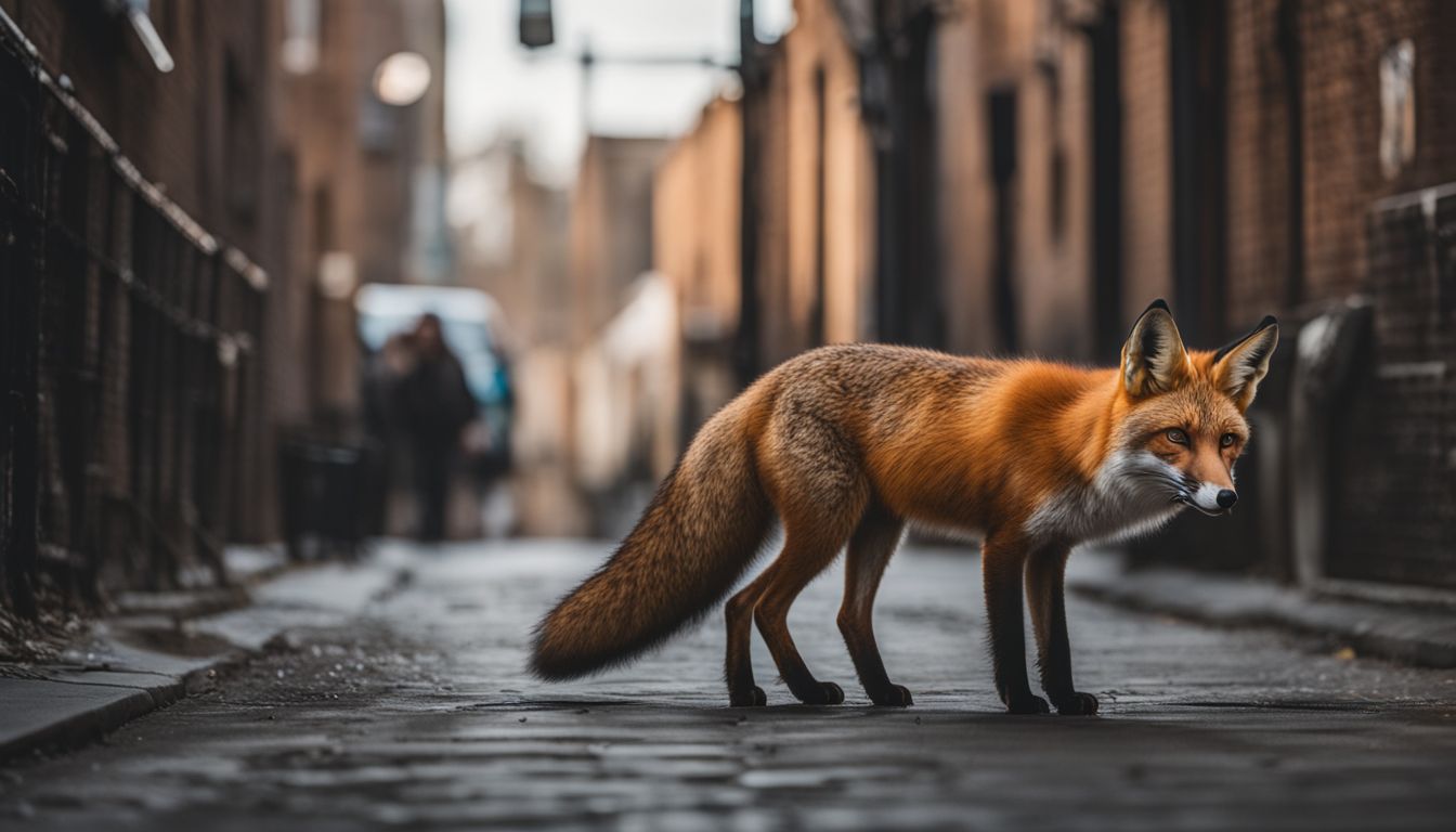 An urban fox in a city alley surrounded by infrastructure. An urban fox in a city alley surrounded by infrastructure.