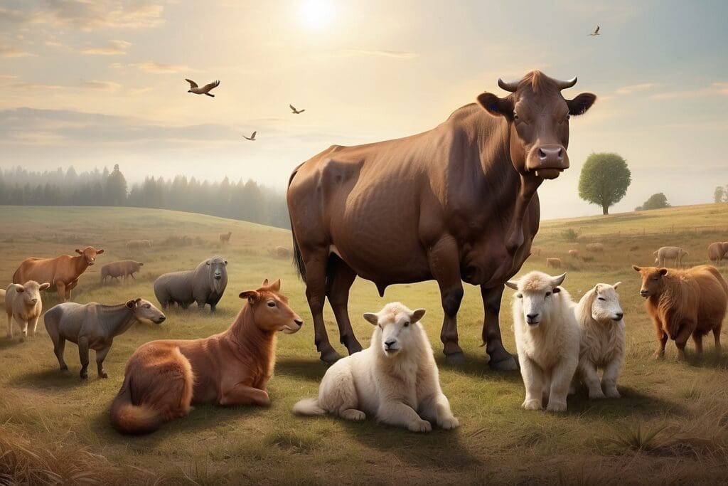 A variety of farm animals, including cows, sheep, and goats, are gathered in a grassy field under a sunny sky with birds flying above. The harmonious scene reflects the vibrant essence of animal life thriving in nature.