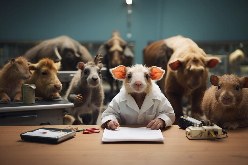 A guinea pig in a lab coat sits at a desk surrounded by an array of animals, including a curious squirrel and a gentle deer, all within the bustling laboratory setting.