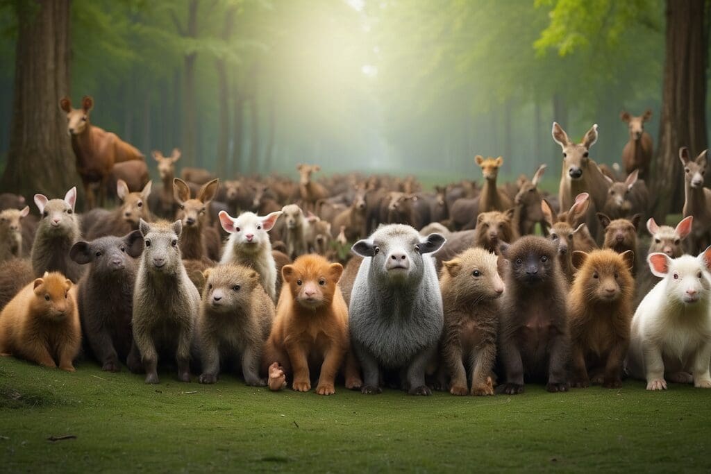 A diverse group of animals, featuring sheep, deer, and boars, gathered on a tranquil forest path with towering trees in the background.