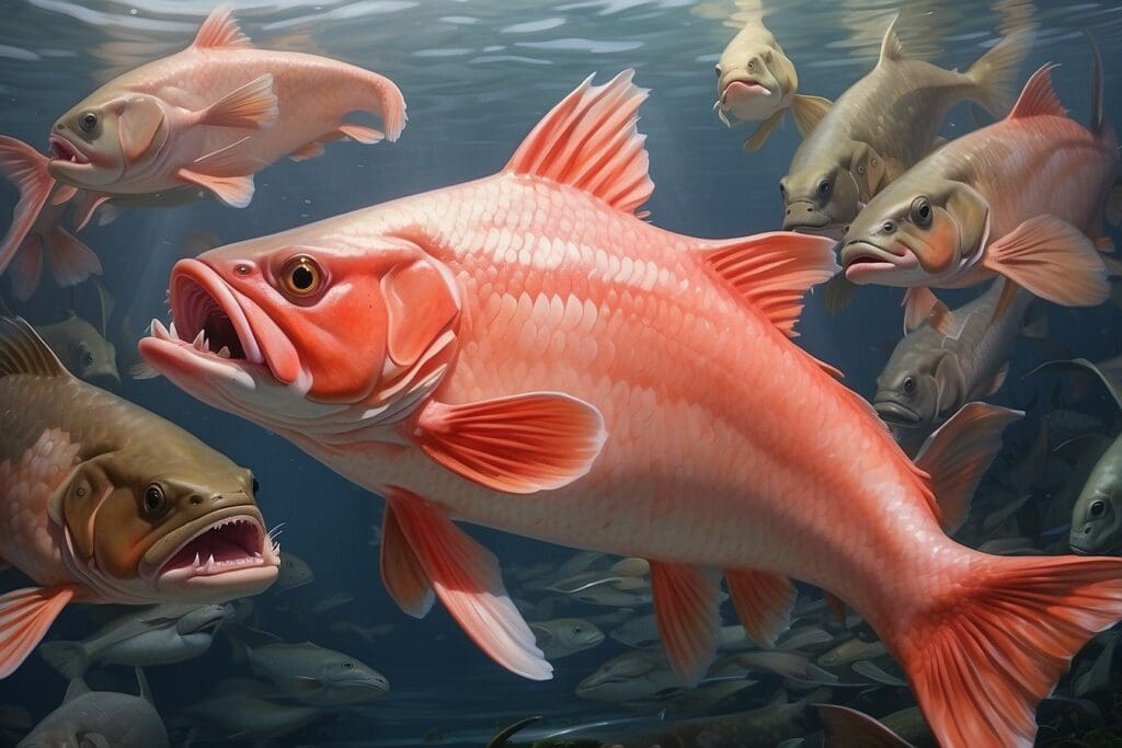 A group of Asian Carp with open mouths swim underwater, showcasing their detailed scales and fins in various shades of orange and gray.