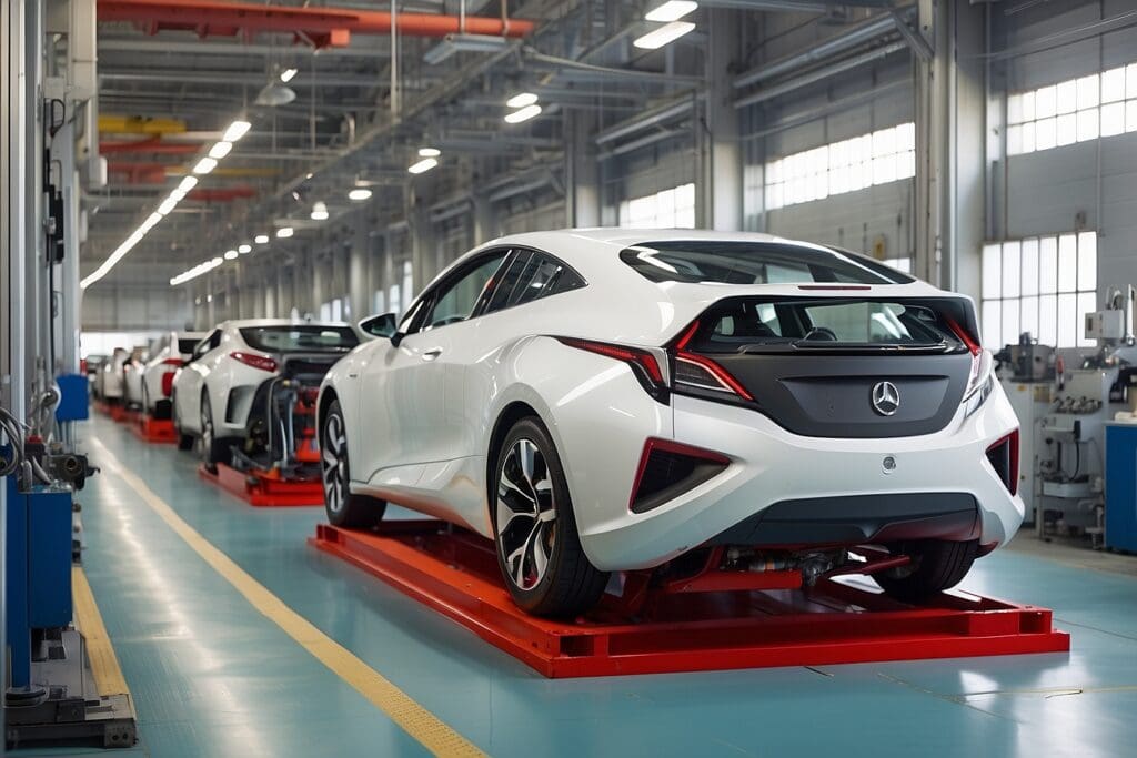 A row of white cars on platforms stands poised inside a large, well-lit auto manufacturing facility.