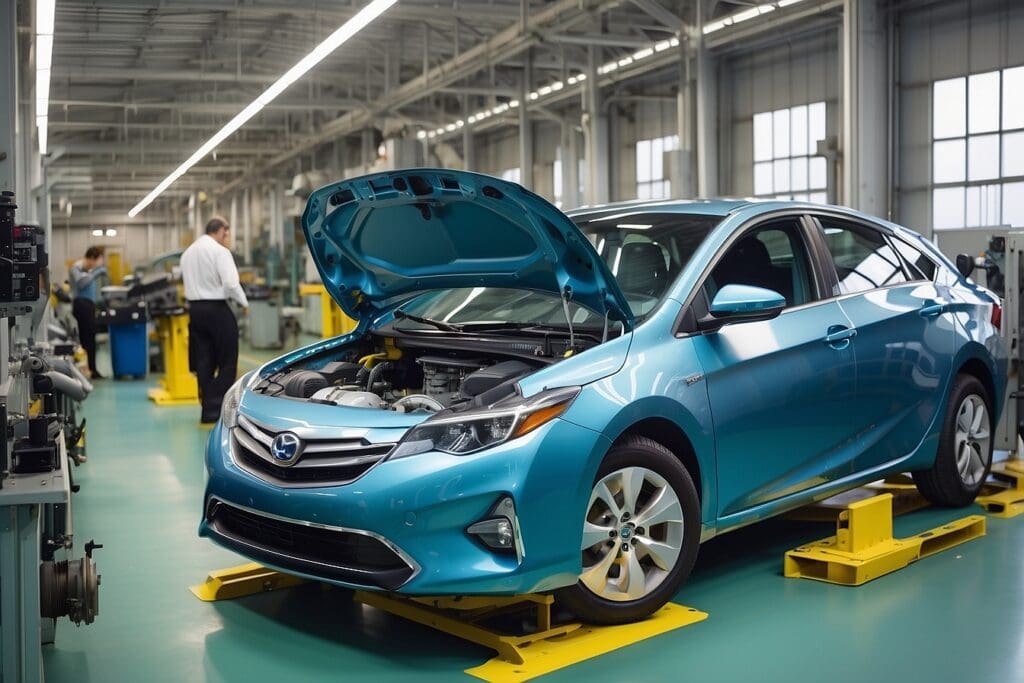 In a well-lit automotive workshop, a blue car with its hood open is on a lift, exemplifying the precision of auto manufacturing. Two people are working diligently in the background.