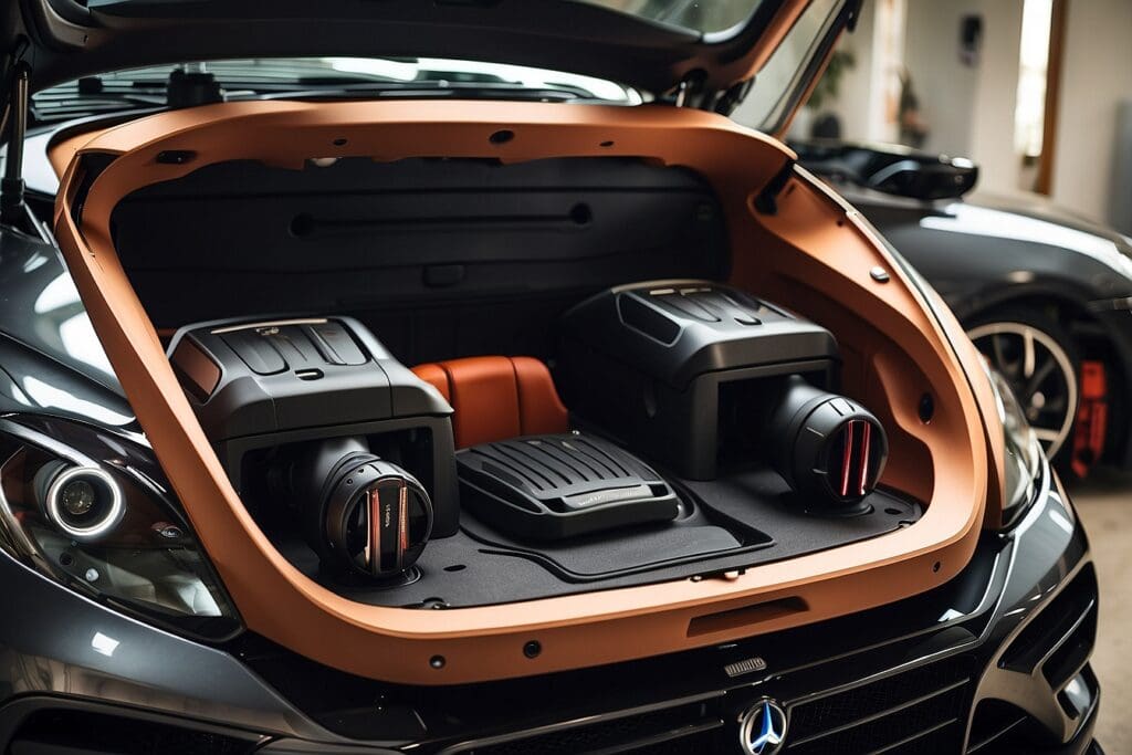 The open trunk of a sports car showcases the pinnacle of the Automotive Accessories Market, featuring two large speakers and a powerful subwoofer inside.