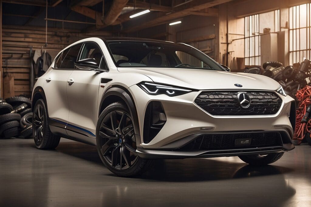 A sleek white SUV with a sporty design and dark alloy wheels is parked in a spacious garage, hinting at the thriving automotive accessories market, with tires visible in the background.