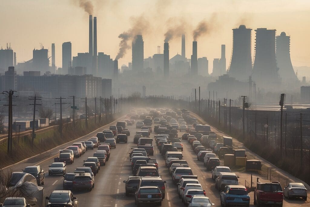 A congested highway filled with cars winds through a landscape dominated by industrial factories, highlighting the pervasive issue of automotive pollution as smoke billows into the sky.