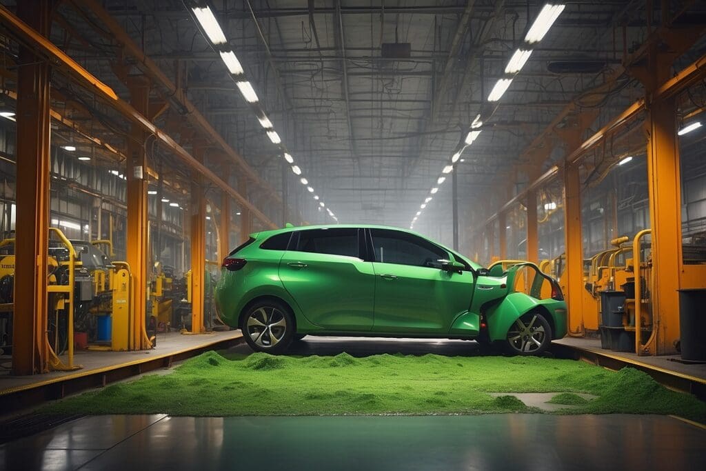 A green car with an open door is showcased in an industrial setting, symbolizing the efficiency of the automotive supply chain, surrounded by artificial grass under bright ceiling lights.