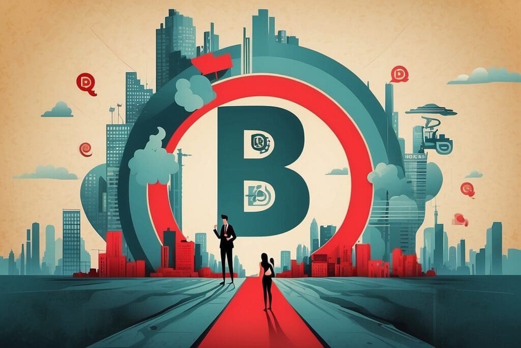 Futuristic cityscape with towering buildings, a large circular structure, and two people walking on a red pathway. Drones and digital icons, possibly managed by B Corporations, buzz in the sky.