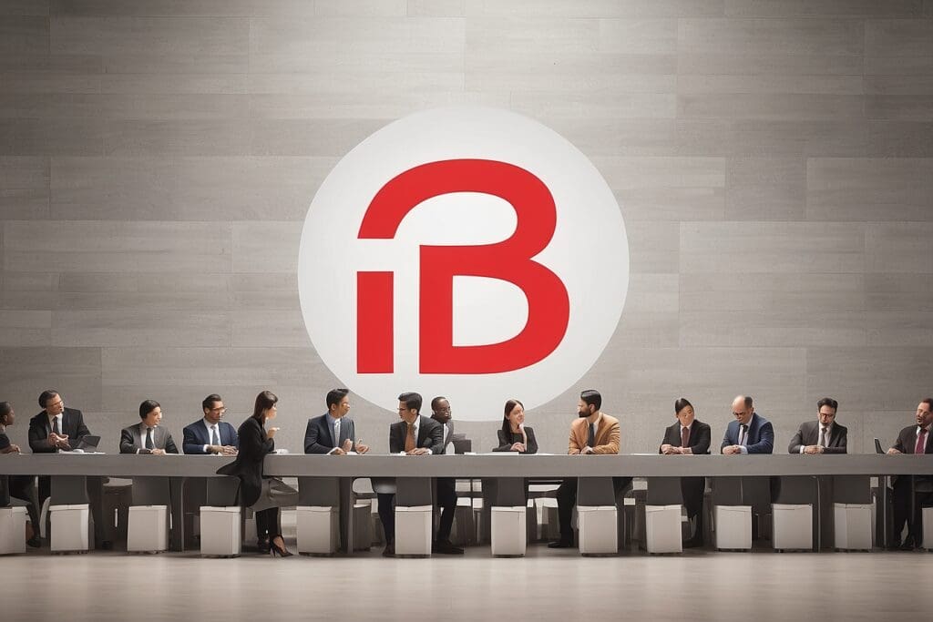 A group of people in business attire sit at a long table with laptops and documents, discussing strategies for their B Corporation against a wall featuring a large red "iB" logo.