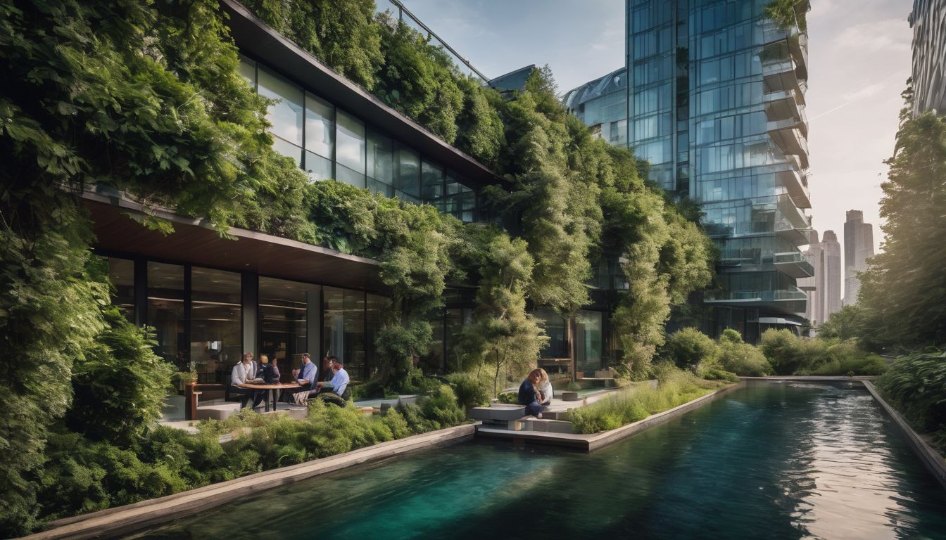 A sustainable office skyscraper surrounded by greenery in a bustling city. A sustainable office skyscraper surrounded by greenery in a bustling city.