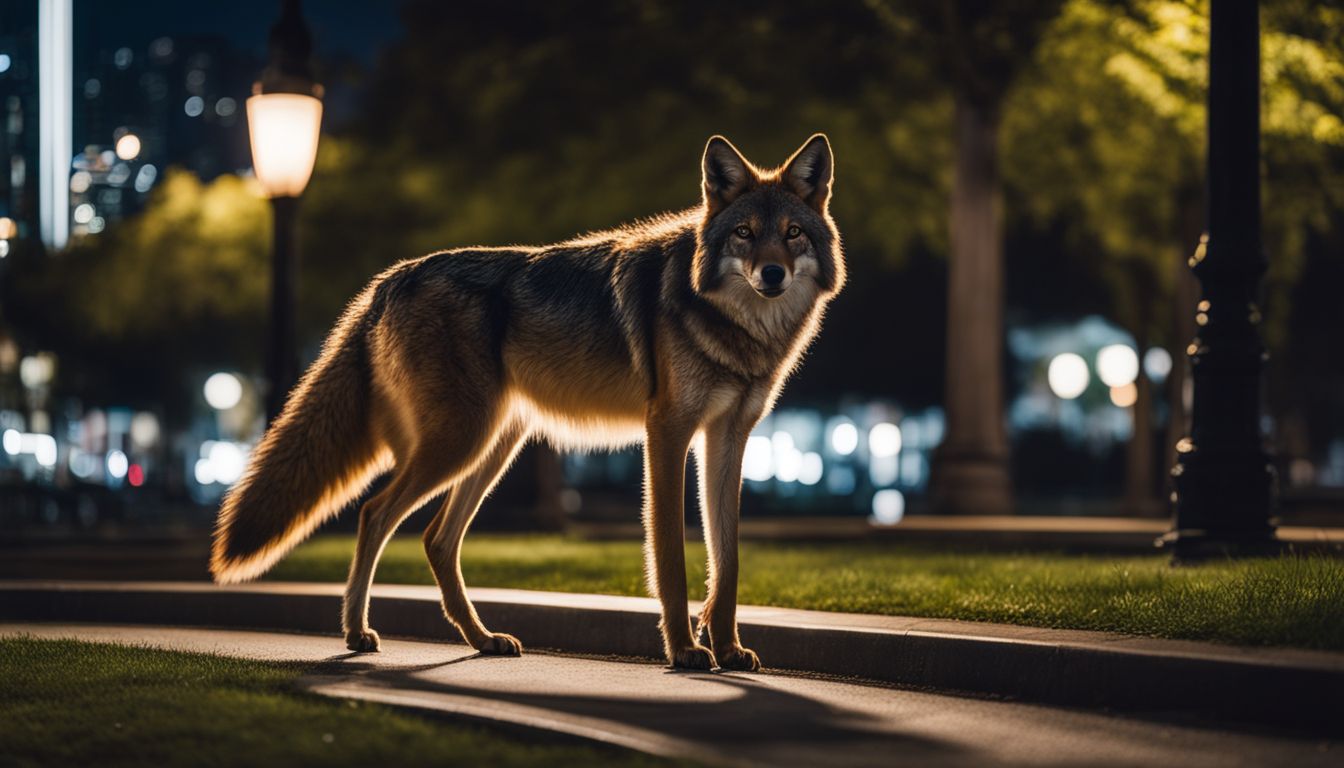 A lone urban coyote prowling through a city park at night. A lone urban coyote prowling through a city park at night.