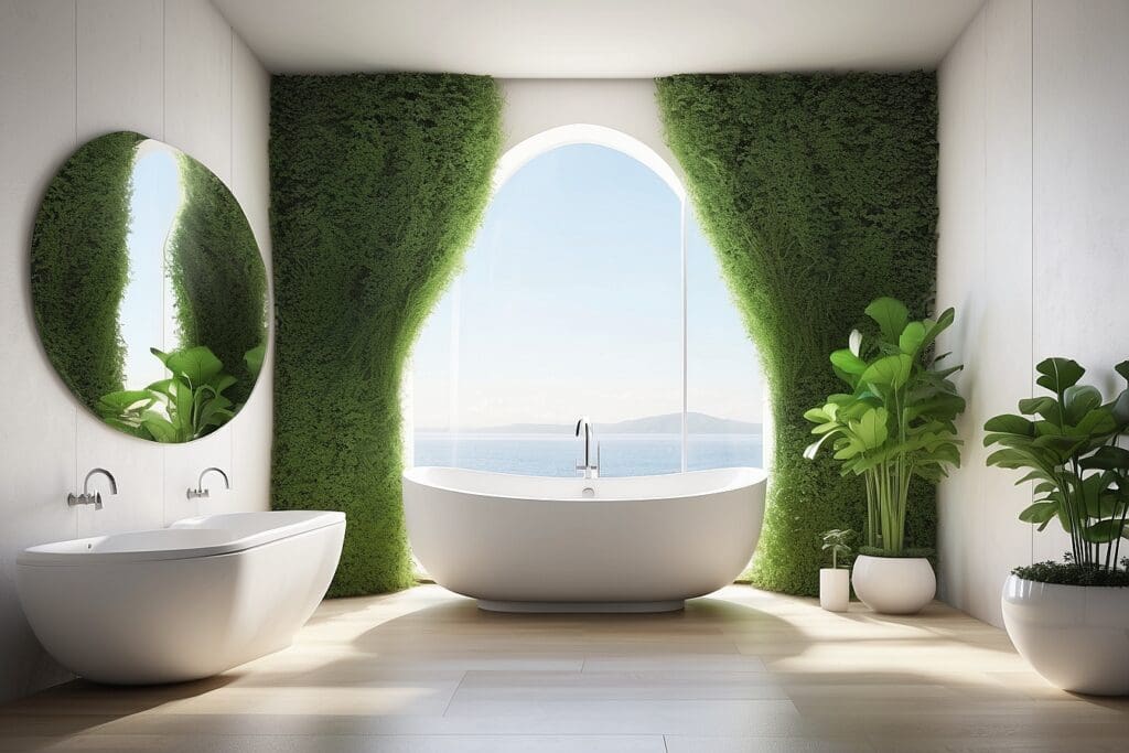 Modern bathroom featuring a freestanding bathtub, circular mirror, and green wall panels adorned with potted plants. A large arched window offers an ocean view, creating a serene oasis in this stylish bathroom.