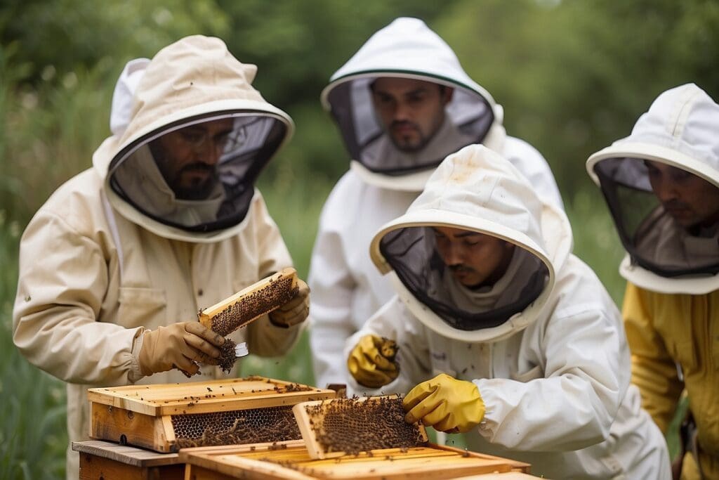 Four beekeepers, clad in protective suits, focus on the art of beekeeping as they carefully examine honeycombs from outdoor hives.