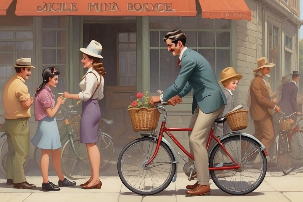 A vintage scene unfolds with a man on a classic bicycle, carrying two children in baskets, as people in period clothing engage in conversation on the sidewalk.