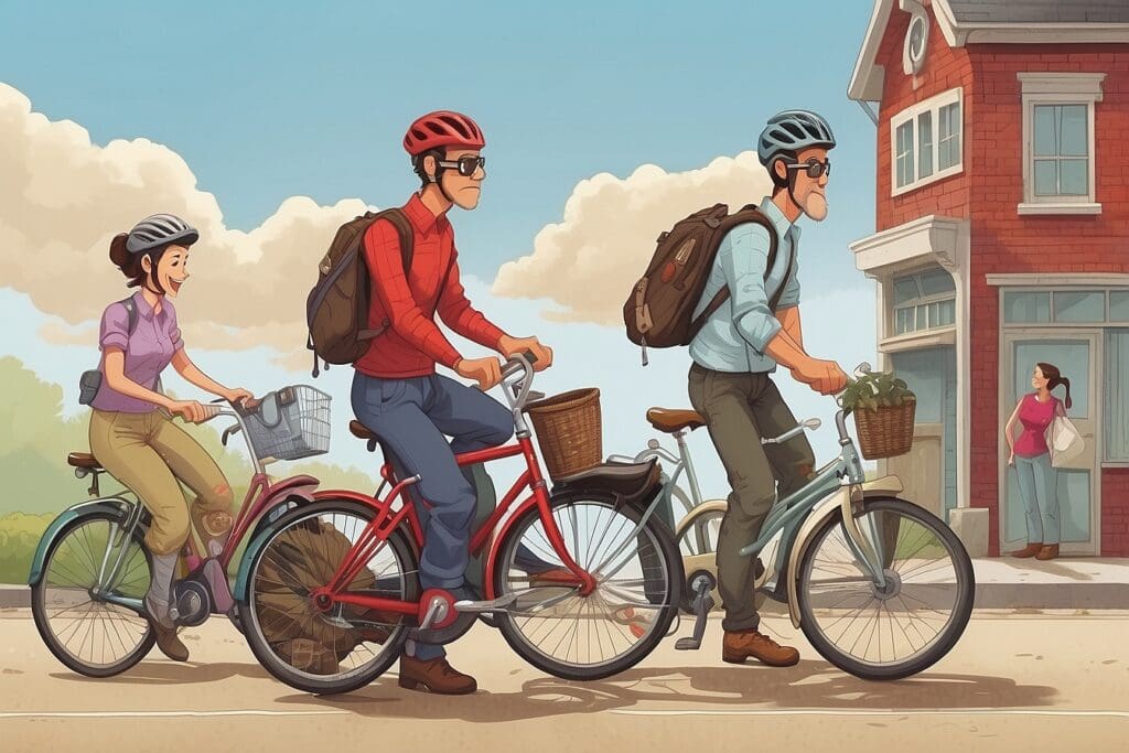Three people wearing helmets bicycle down the street with backpacks. A red brick building and a person standing are in the background, adding to the lively city scene.