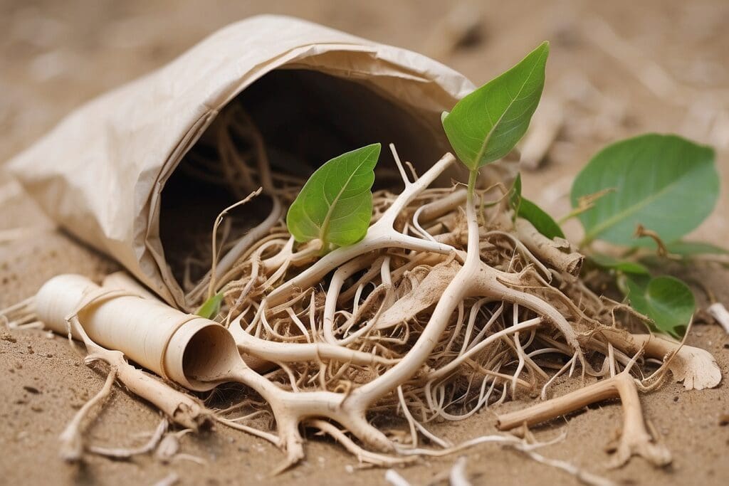 A biodegradable paper bag spills plant roots and green leaves onto a sandy surface, with a small bamboo scoop lying beside them.