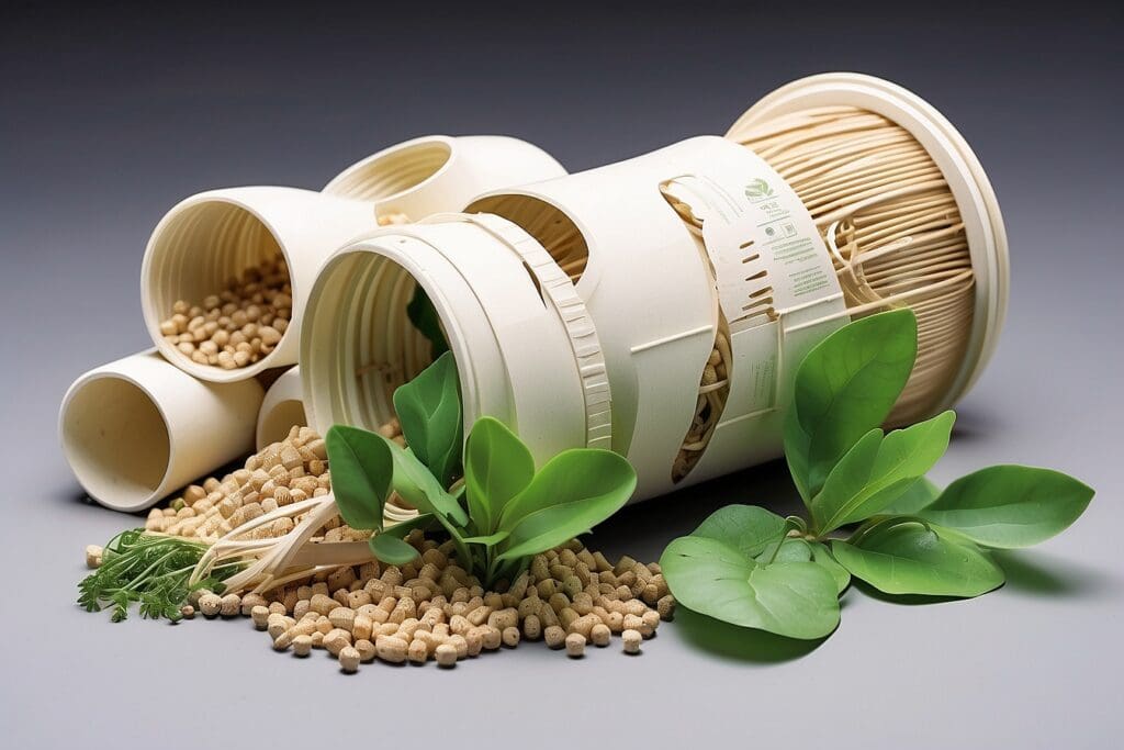 Biodegradable containers overflow with dry pasta and pellets, surrounded by lush green leaves.