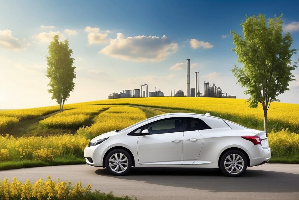 A white car cruises down a road lined with fields of yellow flowers, while an industrial plant processing biofuels and two trees stand in the background under a partly cloudy sky.