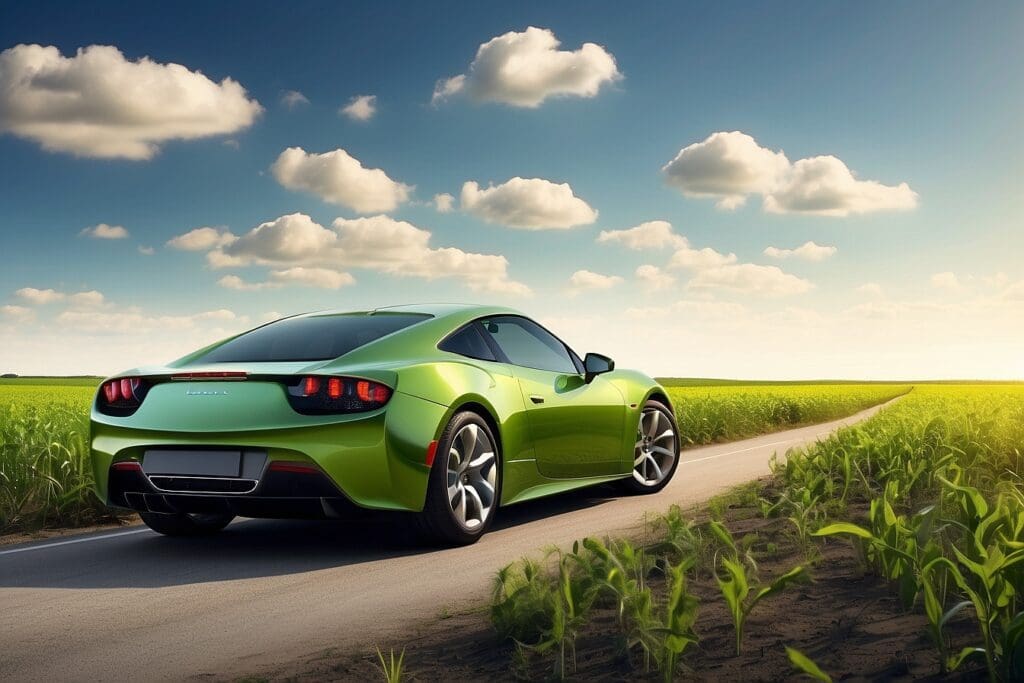A green sports car powered by biofuels zooms along a narrow road through a lush, green field under a partly cloudy sky.