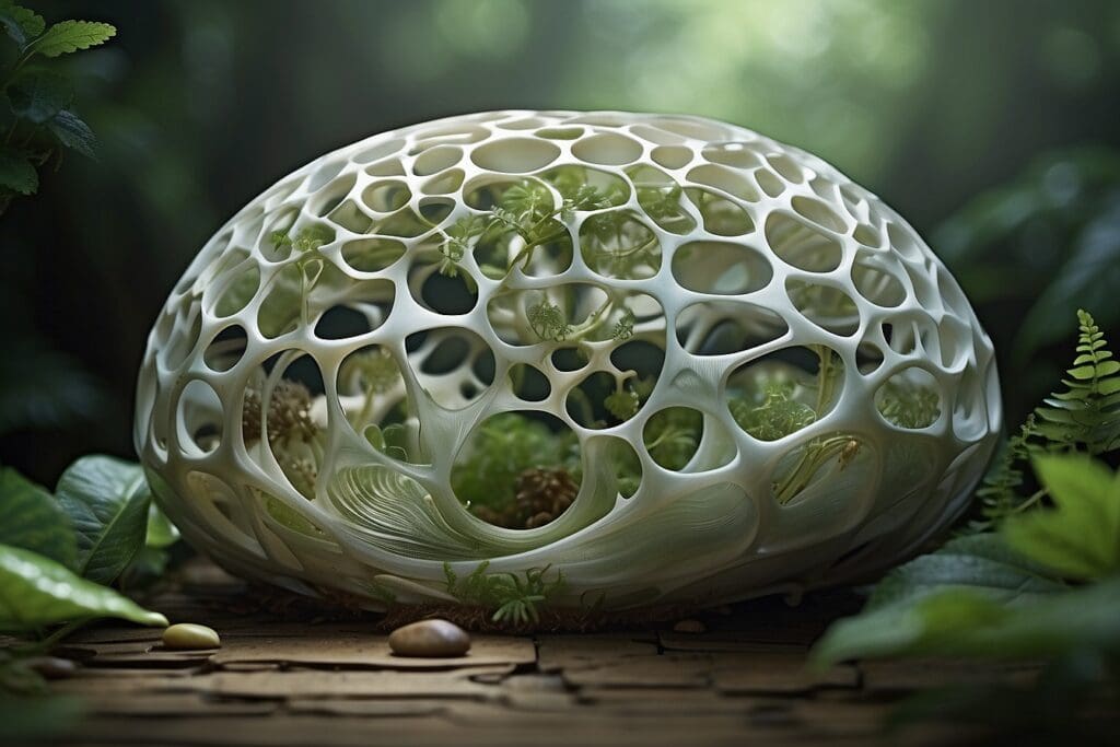 A spherical, lattice-like structure employing biomimicry with plants inside is set on a wooden surface surrounded by greenery.