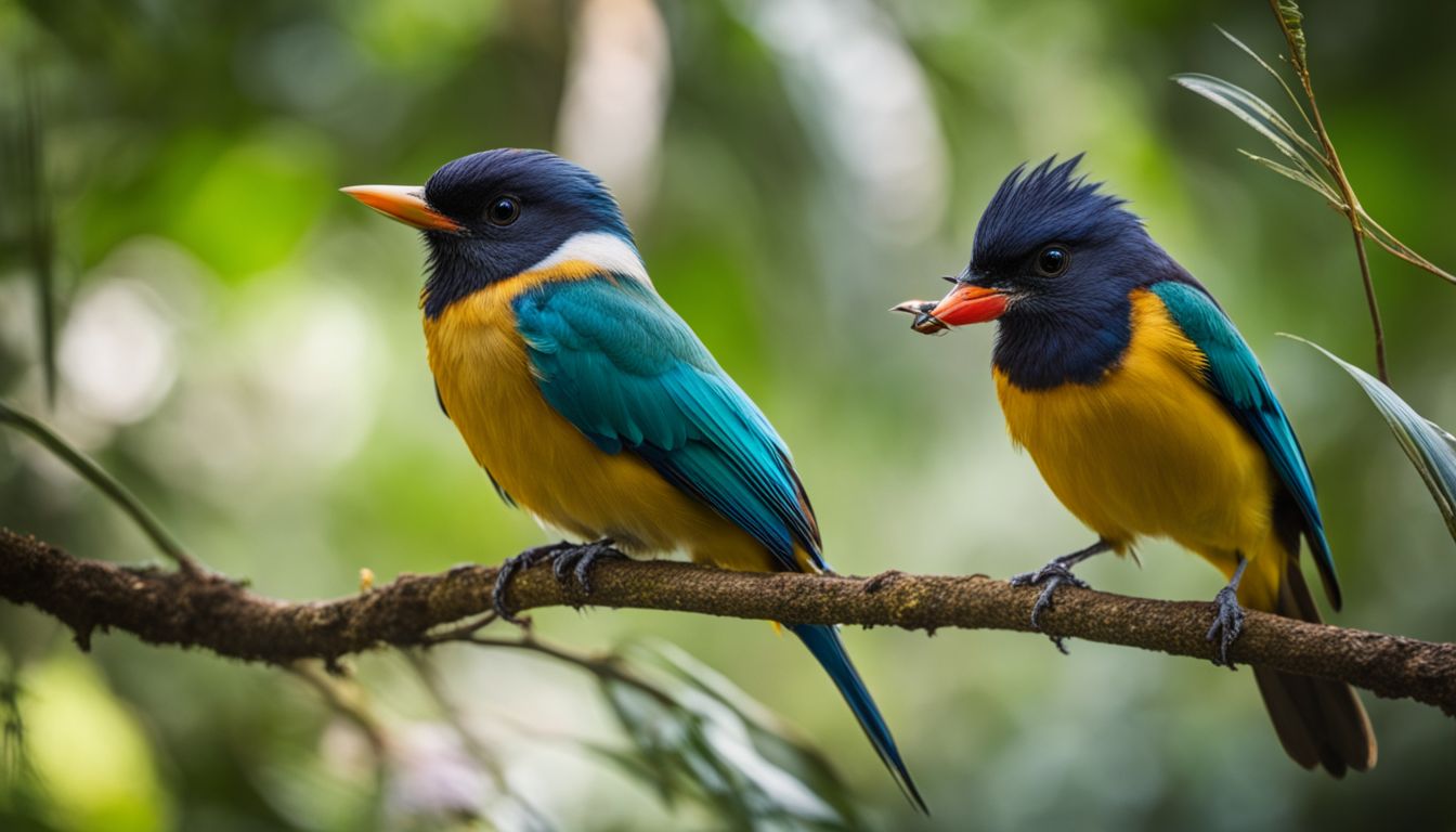 Vibrant birds perched in lush rainforest, showcasing diversity and beauty. Vibrant birds perched in lush rainforest, showcasing diversity and beauty.