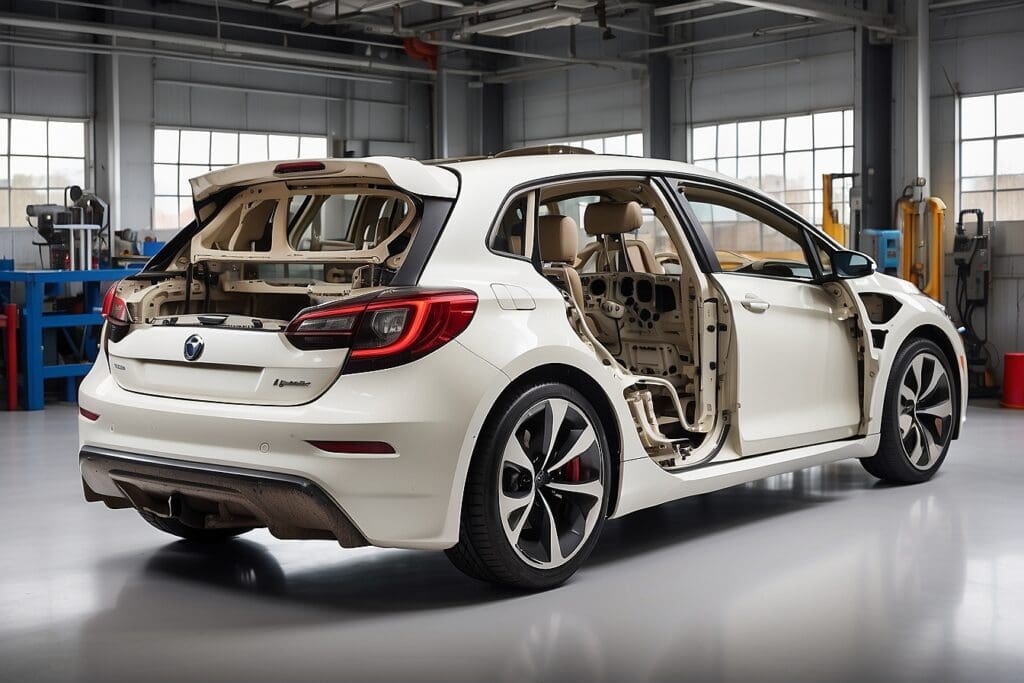 A white hatchback car, revealing missing panels that expose its interior structure, is parked in a well-lit industrial garage, offering a glimpse into the meticulous process of car manufacturing.
