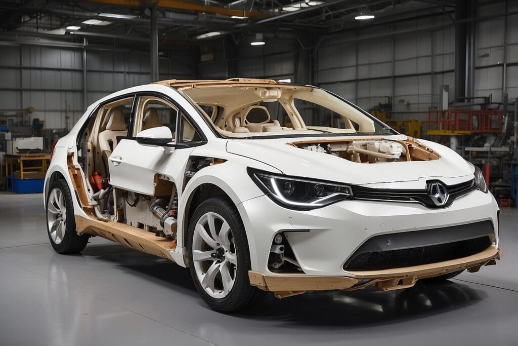 A white car, with parts meticulously removed to reveal its internal structure, sits in an industrial workshop, illustrating the intricate process of car manufacturing.