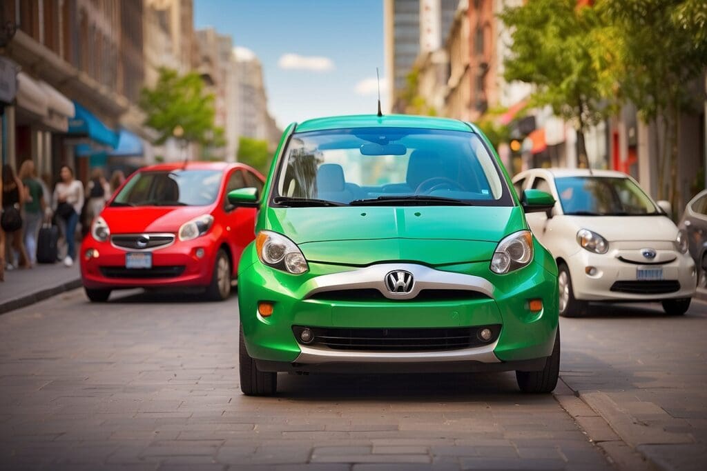 A green car, part of a car sharing program, is parked on a city street, flanked by red and white cars with urban buildings in the background.