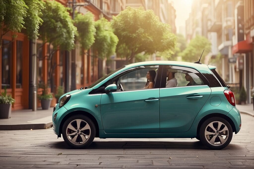 A teal compact car, part of a car-sharing program, is parked on a city street with two people seated inside. The street is lined with trees and buildings, offering a picturesque urban backdrop.