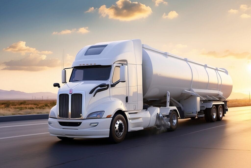 A large white tanker truck travels on a highway at sunrise, its journey silhouetted against the clear sky with a few clouds, as it endeavors to reduce its carbon footprint.