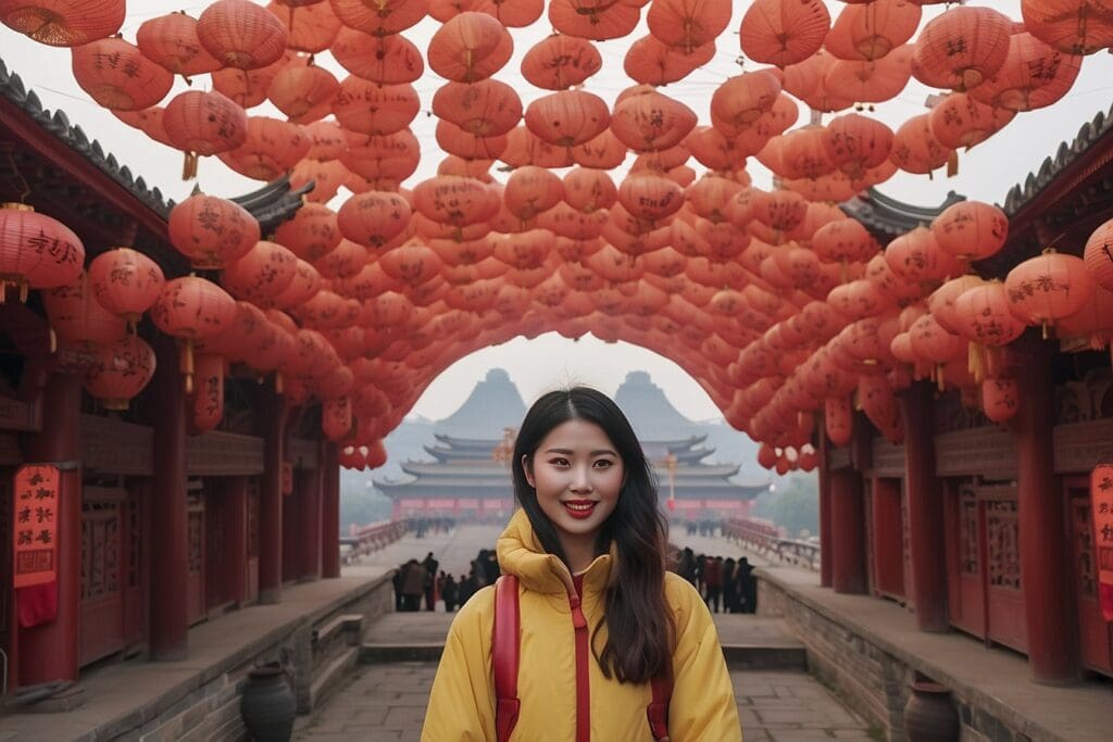 A person in a yellow jacket stands under a tunnel of red lanterns, capturing the essence of a China trip in a traditional architectural setting.
