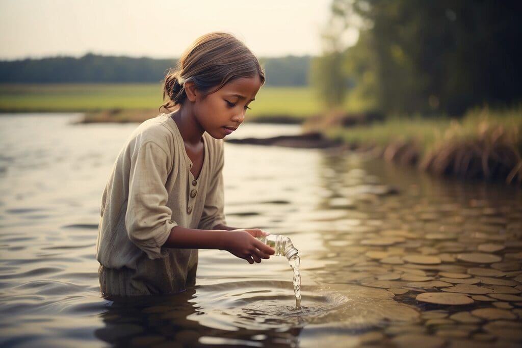 A child stands in a shallow lake, wearing a beige shirt. They pour clean water from a bottle into the lake, surrounded by plants.