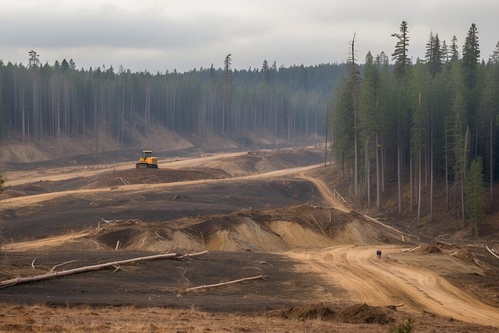 A large clearcutting area hosts a dirt road where a visible bulldozer sits idle. Two people walk along the path, dwarfed by the tall trees that stand solemnly at the edges under a brooding, cloudy sky.