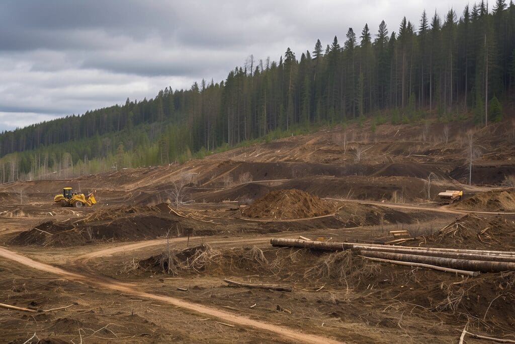 A clearcut area with scattered logs and machinery sits bordered by a lush forest beneath a cloudy sky.