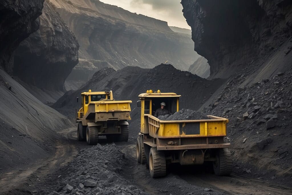 Two large yellow dump trucks, essential for coal mining, transport coal through a rugged, narrow canyon lined with dark rock walls under a cloudy sky.