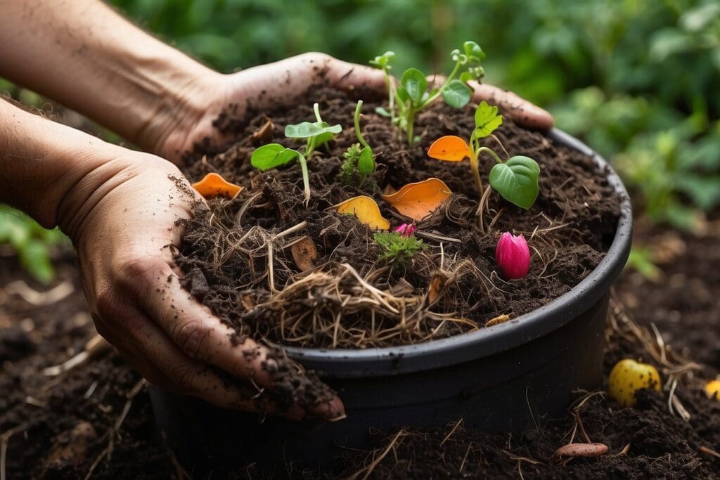 Hands carefully arranging rich compost and colorful leaves in a black pot, with small plants eagerly emerging from the nutrient-laden soil.