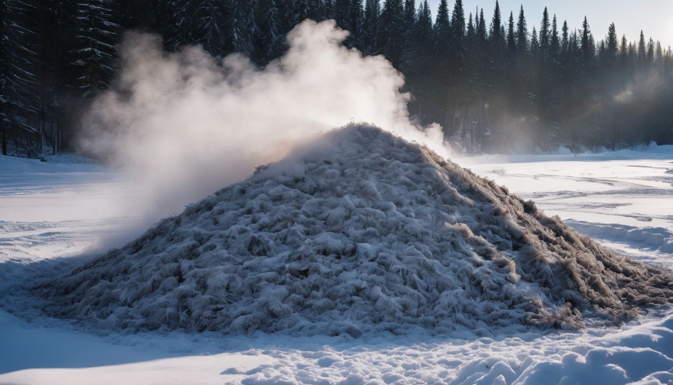 A snow-covered compost pile with steam rising on a winter day.
