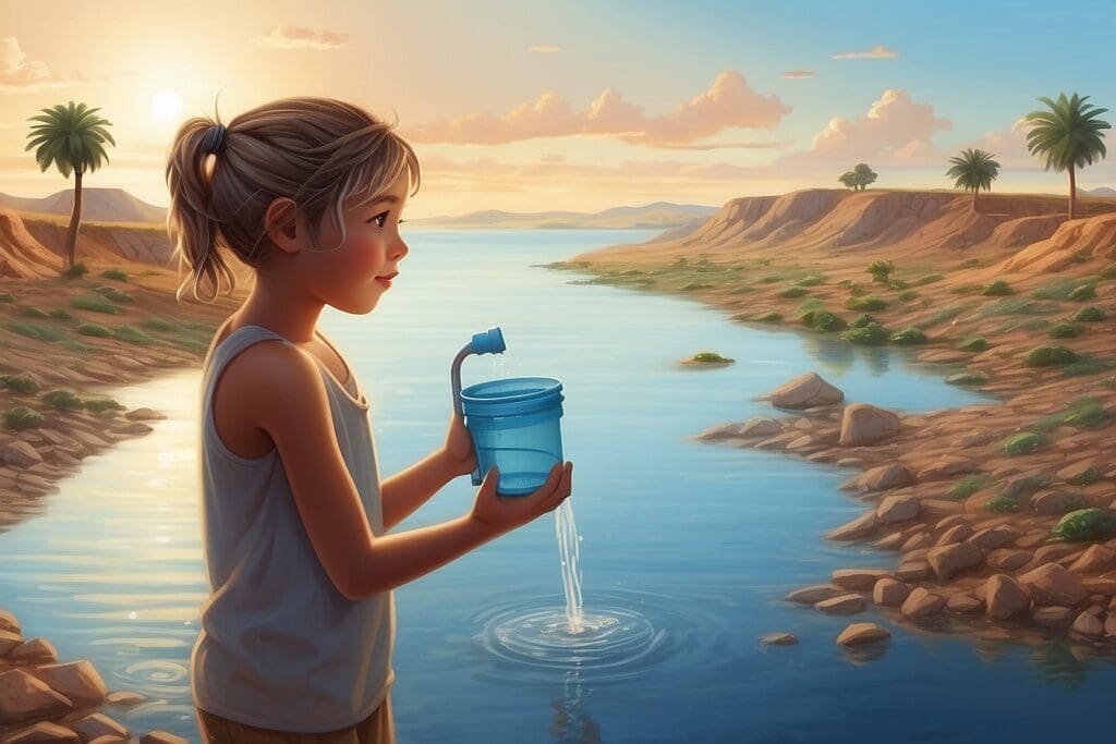 A young girl stands by a river at sunset, holding a blue cup. She gazes towards the shimmering water, which mirrors the sky's hues. Palm trees sway gently as they silhouette against the rocky terrain in the background.