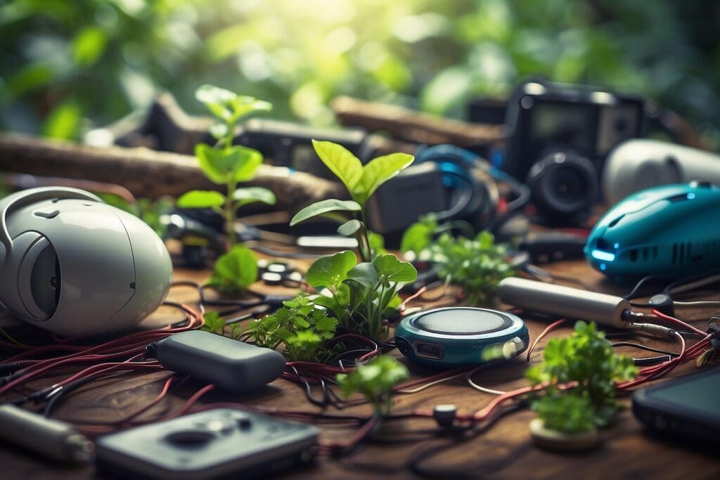 Gadgets and consumer electronics intertwined with green plants and vines on a wooden surface, suggesting a seamless blend of technology and nature.