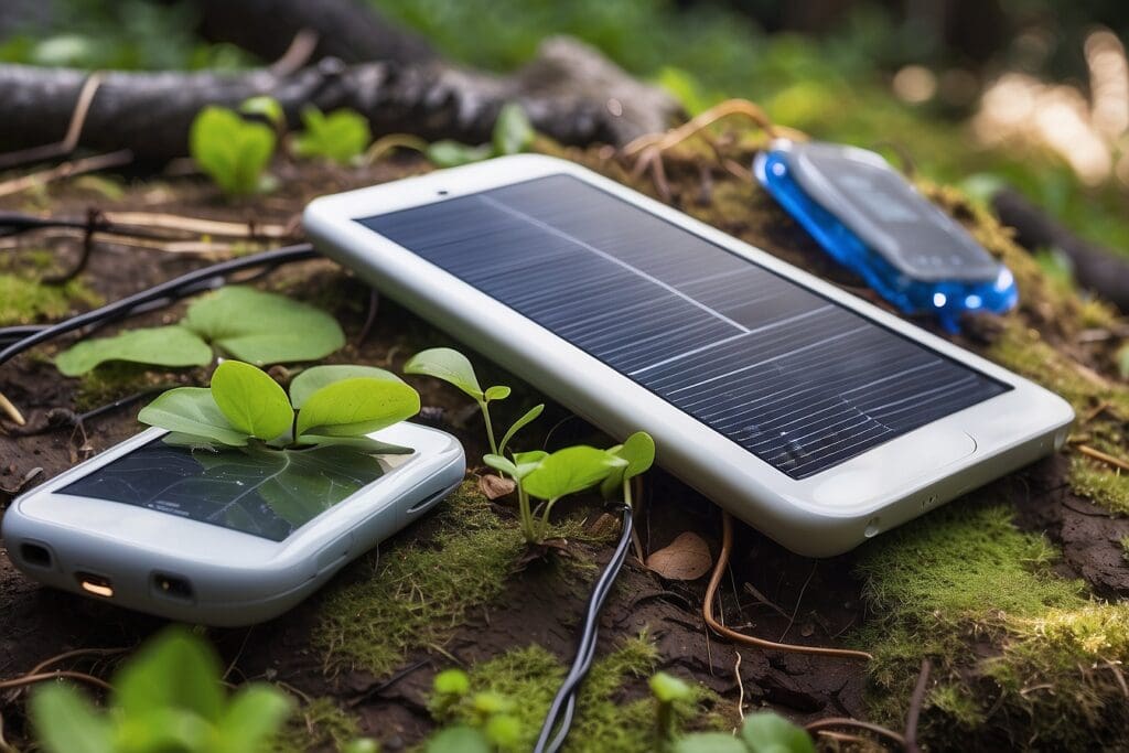 Solar-powered consumer electronics charging on the forest floor, surrounded by green leaves.