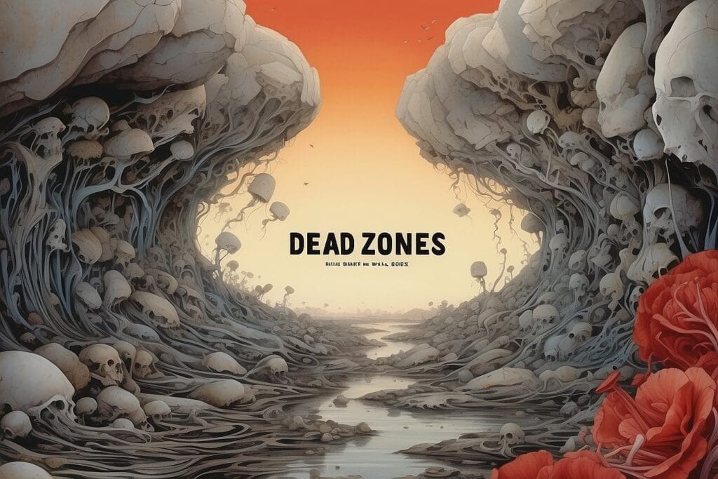 The foreboding landscape, marked by twisted roots and skulls against an orange sky, comes alive with red flowers in the foreground, while "Dead Zones" looms ominously at its heart.